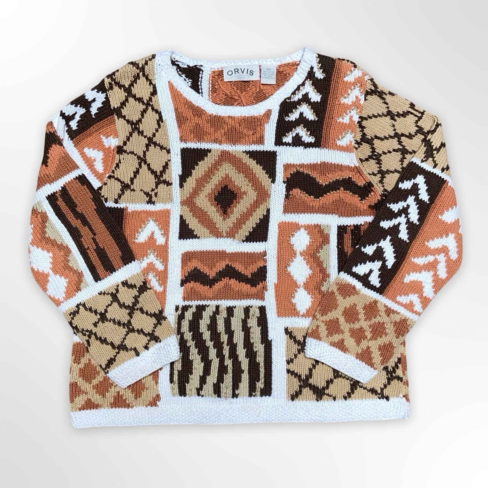 Orvis Patchwork Sweater Size Xs Beaded Geometric Knit Cotton Boho Orange White